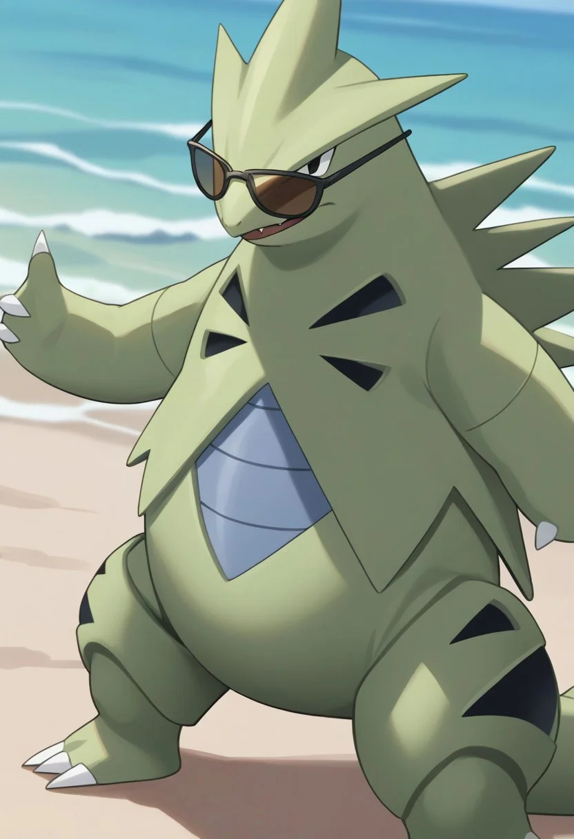 (source_anime, score_9, score_8_up, score_7_up:1), no humans, solo male, tyranitar, feral, looking at viewer, sunglasses, outdoors, beach, thumbs up, pokemon \(classic anime\), anime screencap