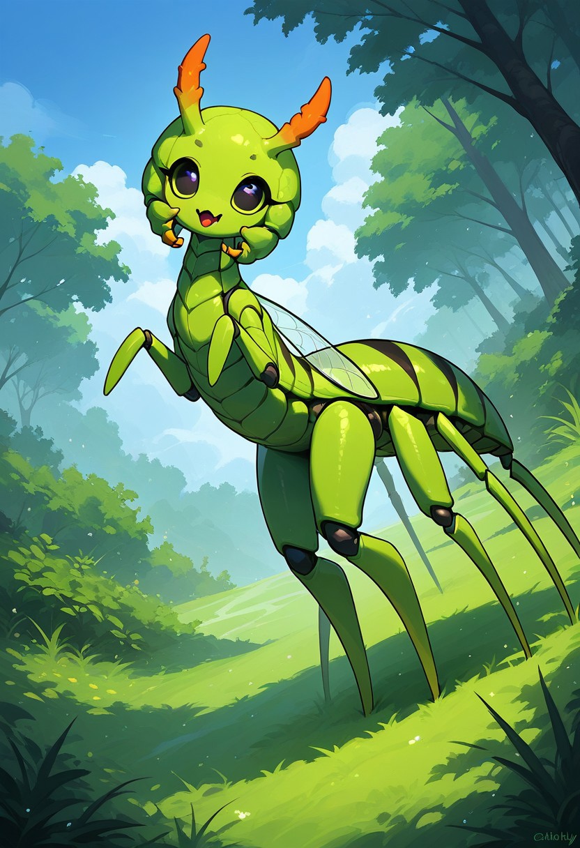 score_9, score_8_up, score_7_up, score_6_up, score_5_up, score_4_up, Expressiveh, (feral insect girl, feral caterpillar girl:1.2), full body shot, rearing up, perky breasts, green caterpillar, open mouth, cute, petite, (arms down at sides), single orange horn, (two-pronged horn), green body, leaves, looking at viewer, ((crawling, slithering, many legs:1.2), giant eyes, big bulbous head, long body, centipede legs:1.3), outdoors, blue sky, sunny day, black stripes, dutch angle, diagonal view