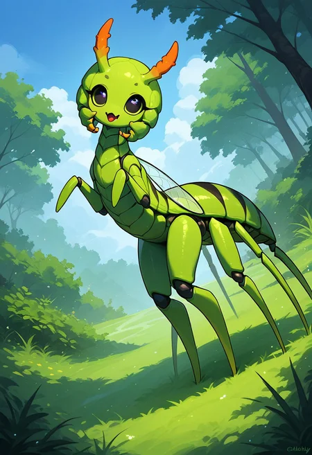 score_9, score_8_up, score_7_up, score_6_up, score_5_up, score_4_up, Expressiveh, (feral insect girl, feral caterpillar girl:1.2), full body shot, rearing up, perky breasts, green caterpillar, open mouth, cute, petite, (arms down at sides), single orange horn, (two-pronged horn), green body, leaves, looking at viewer, ((crawling, slithering, many legs:1.2), giant eyes, big bulbous head, long body, centipede legs:1.3), outdoors, blue sky, sunny day, black stripes, dutch angle, diagonal view