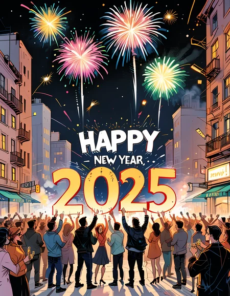 positiv Clip L:
   ink, illustration, celebration scene, with fireworks lighting up the night sky in vivid colors, a cheerful crowd gathered in a festive urban square, people holding sparkling champagne glasses, 'Happy New Year 2025' displayed in glowing letters, a joyful and optimistic atmosphere, ultra-detailed comic book style, with dynamic lighting and a polished festive aesthetic.
positiv Clip G:
   ink, illustration, celebration scene, with fireworks lighting up the night sky in vivid colors, a cheerful crowd gathered in a festive urban square, people holding sparkling champagne glasses, 'Happy New Year 2025' displayed in glowing letters, a joyful and optimistic atmosphere, ultra-detailed comic book style, with dynamic lighting and a polished festive aesthetic.