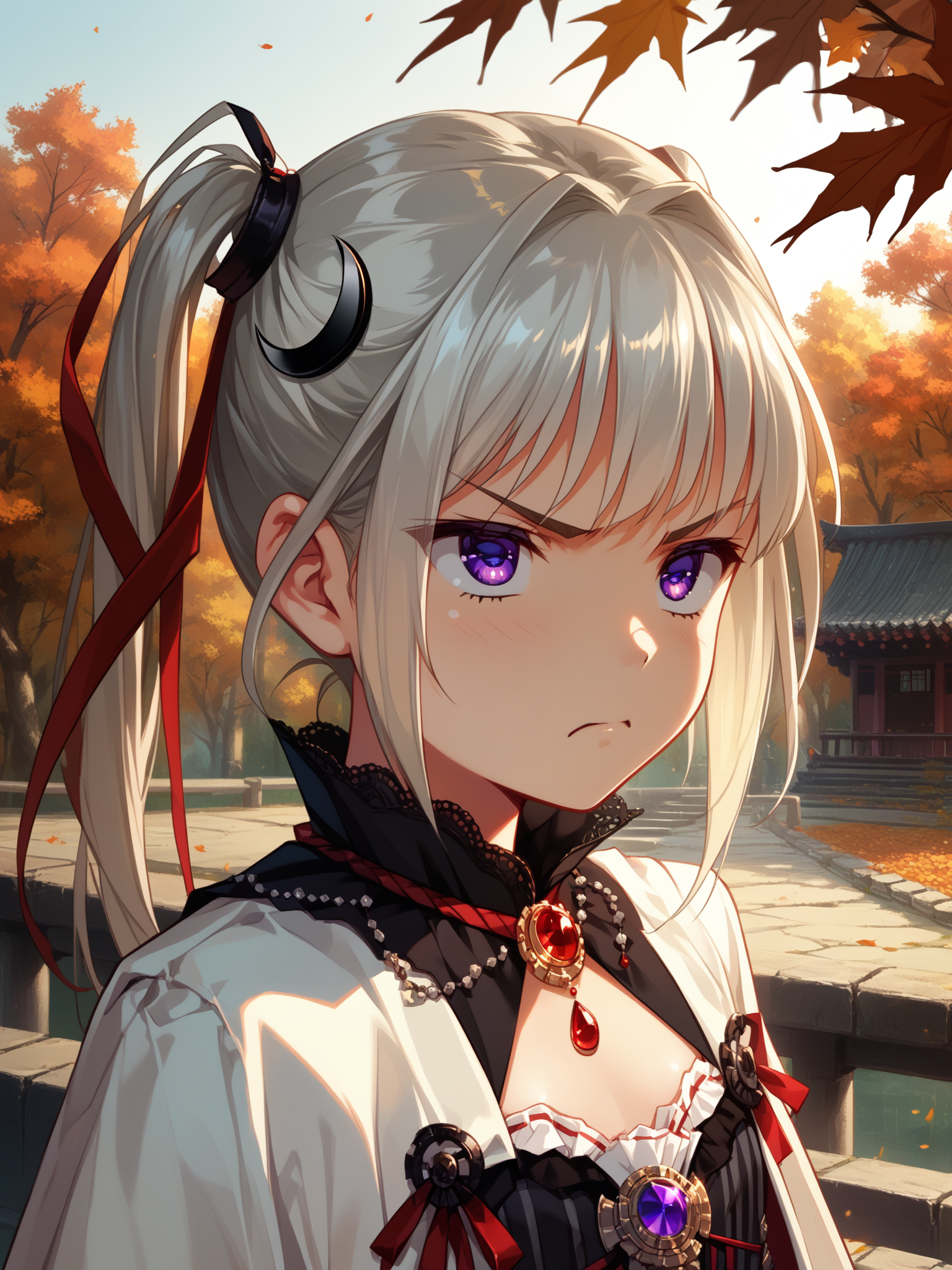 (upper body, solo focus:1.2) <lora:happy_tentacle-kuon-v0.2-000030:0.8>, ht_kuon, magician, hair ribbon, crescent hair ornament, jewelry, flat chest (petite:1.2), <lora:Shed_The_Skin's StS_age_slider_v1_initial_release:-1> ( :1.1) ( , , (angry :1.2) , , looking up :1.1) , outdoors, vegetation, (overgrown :1.1), autumn , (dusk :0.6), , (:0.5), , (east asian architecture :0.9) ( :0.8) score_9, score_8_up, score_7_up, score_6_up, score_5_up, score_4_up, ( [(realistic, photorealistic:1.3):(realistic:1.2):16] [(3d:1.2)::14] :1) <lora:LUUNA's Lunas-NijiJourney-SDXL-B2:0.35>, nijijourney <lora:prgfrg23's Counterfeit-V3.0 Style SDXL_LoRA_Pony Diffusion V6 XL:0.5> <lora:mfcg's mfcgXL:0.12> <lora:reweik's gyokai(himehajime)_PonyXL_style_v01:0.14>