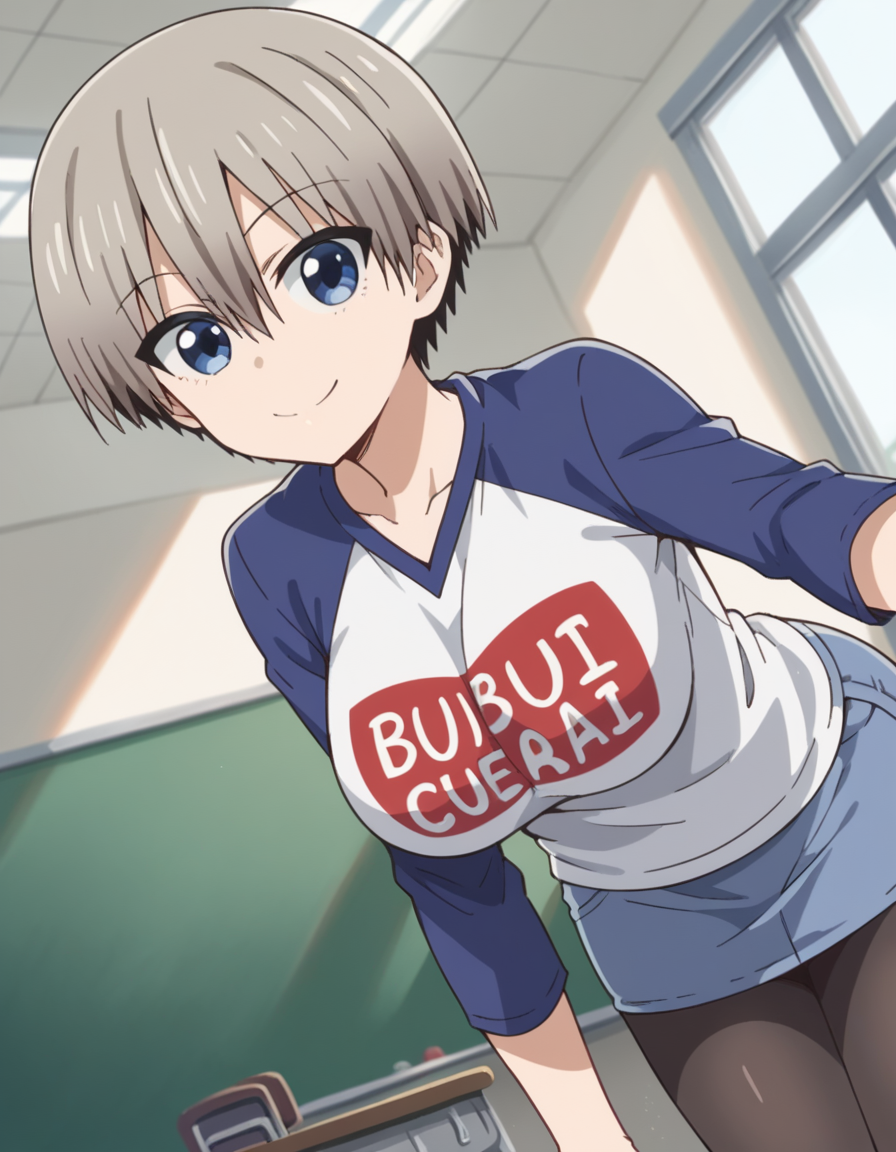 score_9, score_8_up, score_7_up, source_anime,
hanauzaki, <lora:hana-uzaki-s1-ponyxl-lora-nochekaiser:0.8>,
hana uzaki, short hair, blue eyes, large breasts, grey hair,
skirt, shirt, pantyhose, black pantyhose, denim, clothes writing, raglan sleeves, denim skirt, romaji text,
indoors, classroom, bent over, smile,
looking at viewer, cowboy shot, solo, dutch angle,