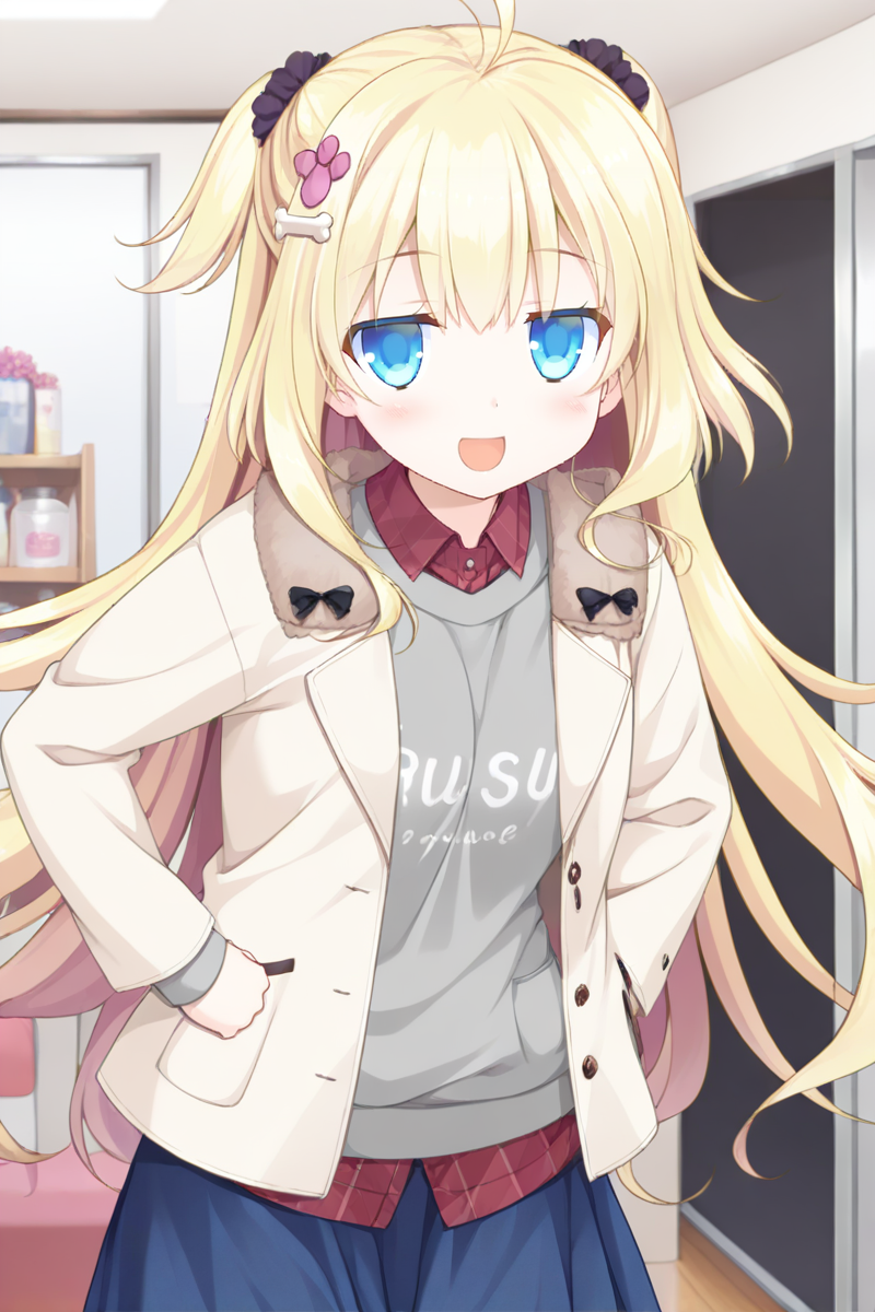 masterpiece,best quality,amazing quality,highres,scenery,newest,1girl,official style, alice, hair ornament, blonde hair, blue eyes, long hair, bone hair ornament, bangs, hair between eyes, hair flower, hairclip, flower, ahoge, 
alice daily, grey hoodie,  jacket, beige jacket, two side up, blue skirt, <lora:lovelyday-alice-V1:1>,indoors,clothing shop.upper body,looking at viewer, :d,hands on hips,jitome,