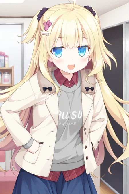 masterpiece,best quality,amazing quality,highres,scenery,newest,1girl,official style, alice, hair ornament, blonde hair, blue eyes, long hair, bone hair ornament, bangs, hair between eyes, hair flower, hairclip, flower, ahoge,
alice daily, grey hoodie, jacket, beige jacket, two side up, blue skirt, <lora:lovelyday-alice-V1:1>,indoors,clothing shop.upper body,looking at viewer, :d,hands on hips,jitome,