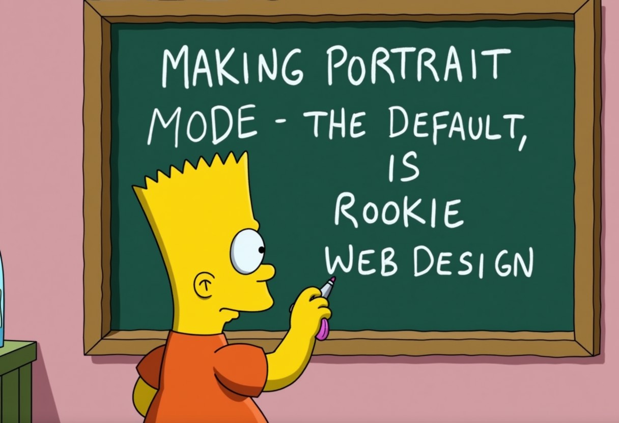 Bart Simpson writing "MAKING PORTRAIT MODE THE DEFAULT, IS ROOKIE WEB DESIGN" on a chalkboard