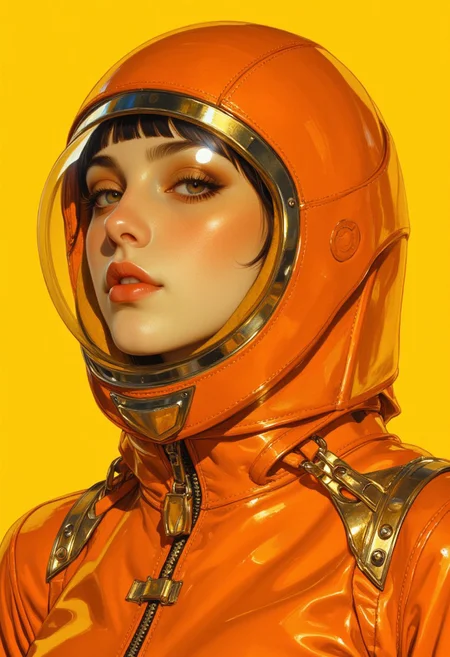A highly detailed digital illustration in a futuristic, sci-fi style, featuring a close-up of a woman wearing an avant-garde metallic orange spacesuit with intricate, high-tech designs. The suit is sleek and glossy, its bold orange color dominating the composition while reflecting a subtle gold tint that adds depth and radiance. The design is avant-garde, with exaggerated, asymmetrical contours and sharp geometric patterns seamlessly integrated into the suit, showcasing a blend of functionality and futuristic fashion. Her helmet, an innovative masterpiece, features a large, transparent visor with a faint golden sheen that partially reveals her almond-shaped eyes, accentuated with minimalist makeup, and her softly pink lips. Her pale, smooth complexion has a gentle blush that contrasts beautifully with the warm hues of the suit and the surrounding environment. The background is a vibrant yellow, creating a striking contrast with the orange spacesuit, while a delicate gold tint permeates the entire frame, casting an ethereal glow that enhances the reflective textures of the suit. This composition masterfully combines cutting-edge design with bold, vivid color harmonies, capturing a serene yet powerful moment of futuristic elegance and artistic innovation. ((vintagegirls))