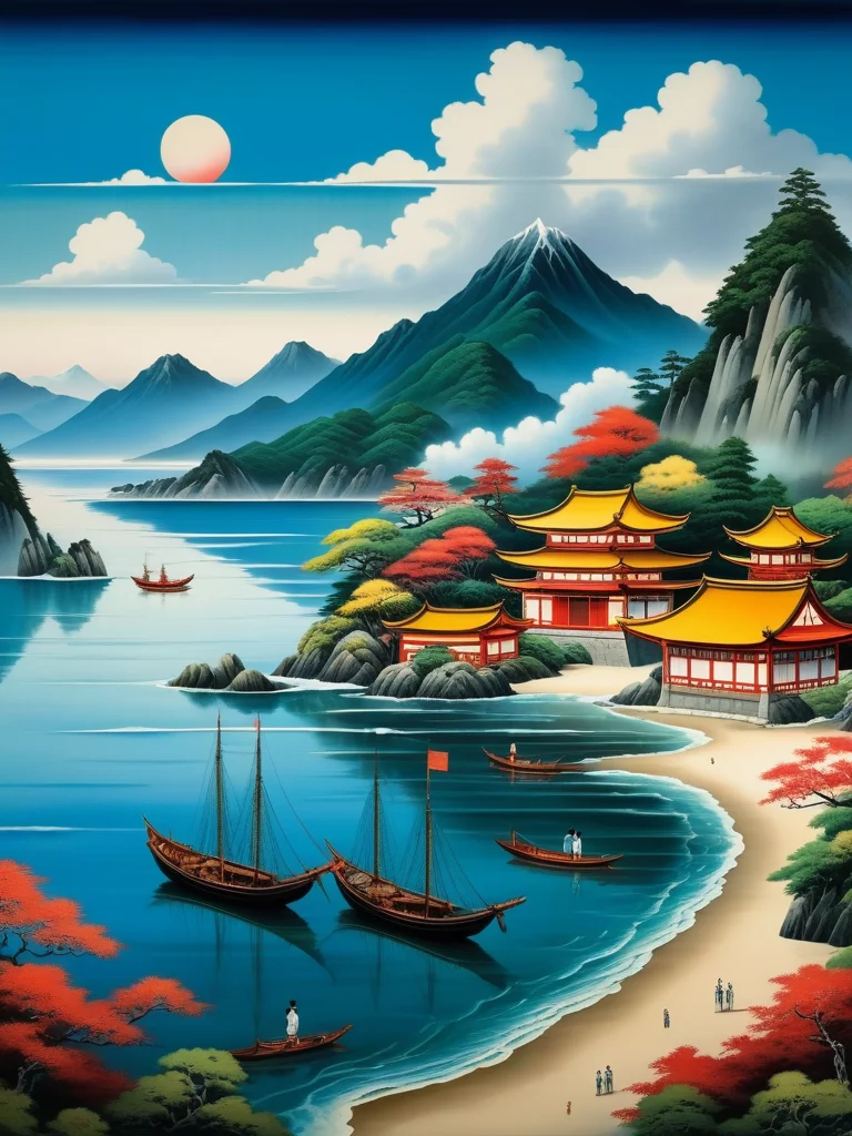 <lora:08SurealismArt_Hap_XL:1>,  frida kahlo style,   A beautiful scenery, traditional japanese painting, sea, boats, mountains, trees,