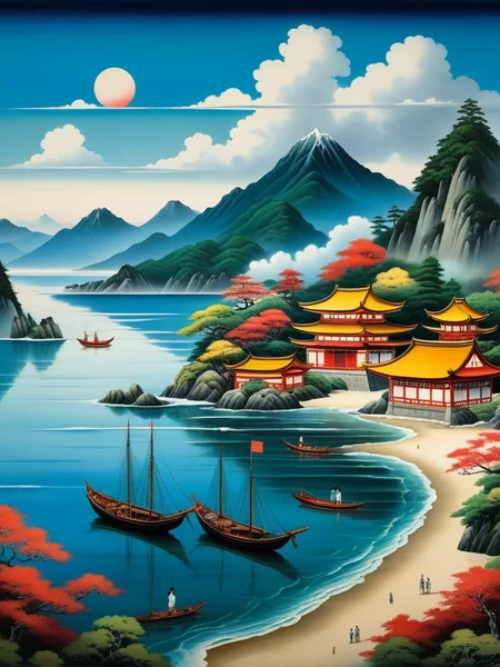 <lora:08SurealismArt_Hap_XL:1>, frida kahlo style, A beautiful scenery, traditional japanese painting, sea, boats, mountains, trees,