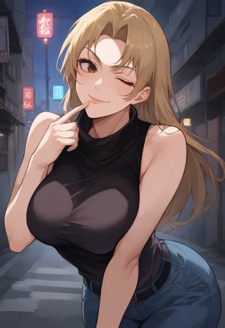 score_9, score_8_up, score_7_up, source_anime, uncensored, <lora:Viper_Risen-000014:1>, v1p3r1seV6, BREAK, 1girl, long hair, brown eyes, Yuki Tsukumo, sleeveless, sleeveless turtleneck, black shirt, denim jeans, black belt, big breasts, curvy, big ass, seductive smile, seductive eyes, smile, looking at viewer, solo, cowboy shot, dynamic pose, one eye closed, wink, smile, closed mouth, finger to mouth, leaning forward, outdoors, city, street, shibuya, japan, night,