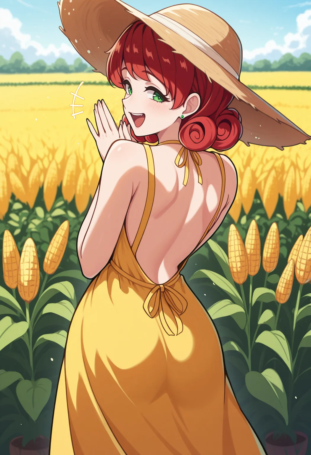 masterpiece, best quality, solo, 1girl, <lora:NSPennyStardewIllu:1> NSPennyMisc, green eyes, medium hair, red hair, curly hair, green stud earrings, yellow sundress, from behind, looking back, backless dress, garden, outdoors, straw hat, happy, corn field, laughing, clapping