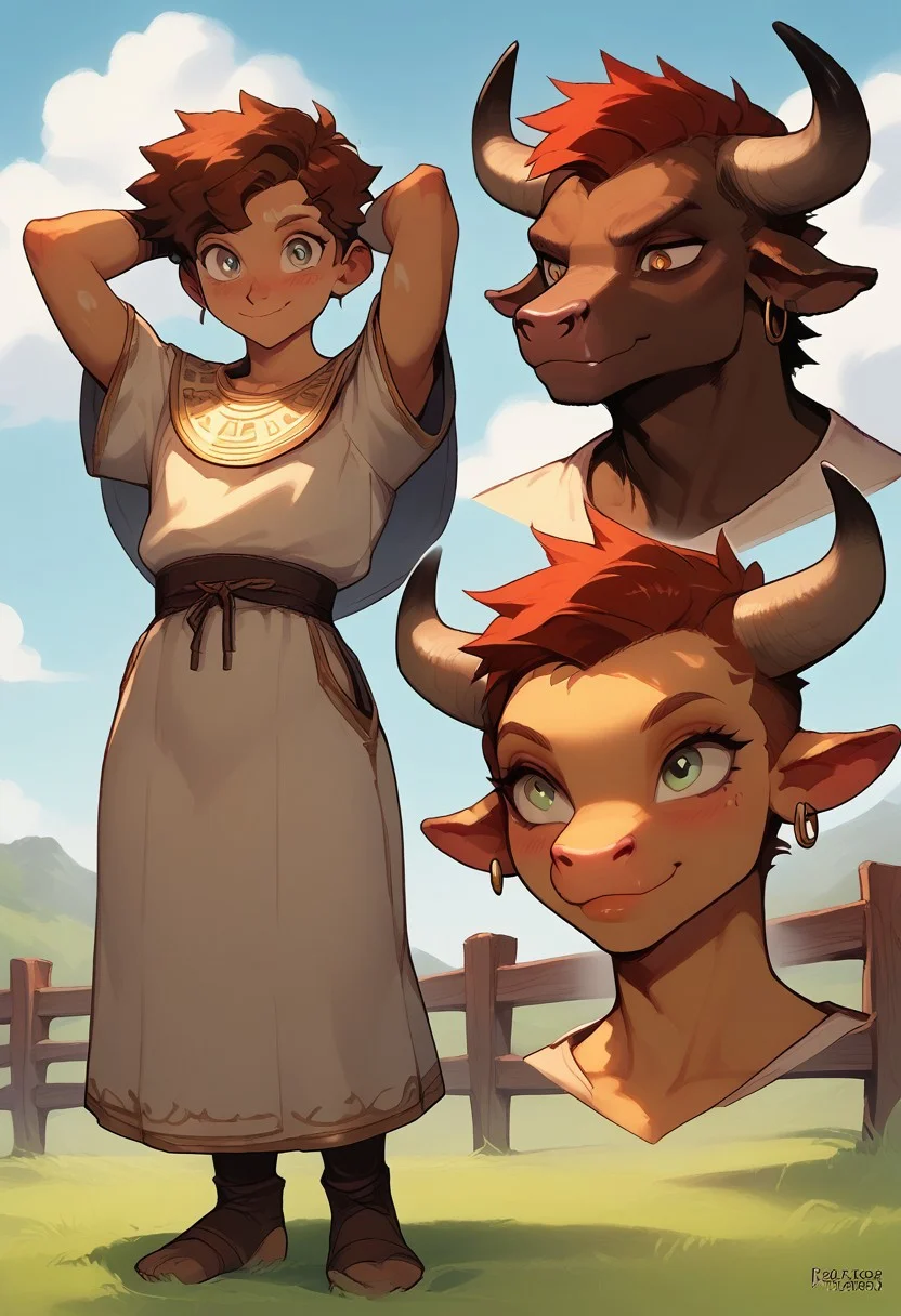 (easynegative:0.2 ) duo, human and anthro, friends, friendly, one human male, one 18yo anthro, furry, minotaur, petite, young, slender, thin, soft body, solo, happy face, closed mouth, wearing robes, toga robes, smile, white spots , dynamic pose, greek hairstyle, curly brown hair, 1 long braid hair style, light brown body, red hair, yellow field, sky, warm colors, light, cute,, bright colours, cute, dynamic views, anthro,Furry, solo femboy, girly, trap, soft body, arms behind head, 2/3rd side view, seductive, shy, perfect eyes , detailed eyes, eyelashes, Narrow waist, wide hips, thin hips, thin thighs, Blushing, Perfect curves, slim,skinny,cute , full body, bottom view, closed up, ,2 boys, (femboy minotaur and human friend), resting against farm fence, friendly conversation, greek hair style,