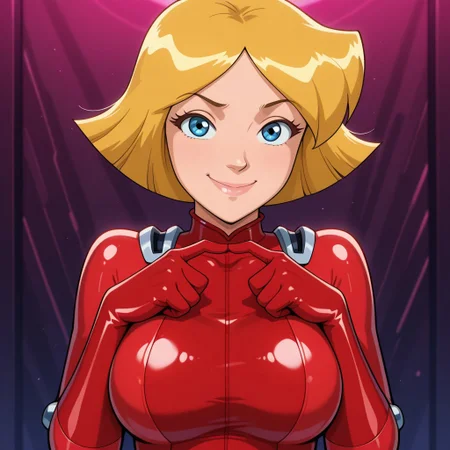 masterpiece, best quality, amazing quality, parody, official style, 1girl solo, cl0ver_totally_spies, short hair, blonde hair, blue eyes, red bodysuit, large breasts, sexy, beautiful, detailed, high detailed, very beautiful, detailed face, detailed eyes, detailed hand, abstract background, neon, smile, looking at viewer, fidgeting, volumetric lighting, face focus, upper view, close-up
