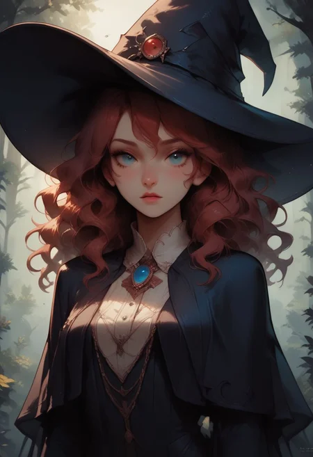 score_9, score_8_up, score_7_up, detailed, 1girl, Ianmae, blue eyes, medium hair, witch hat, black robes, long sleeves, long gloves, forest, volumetric lighting