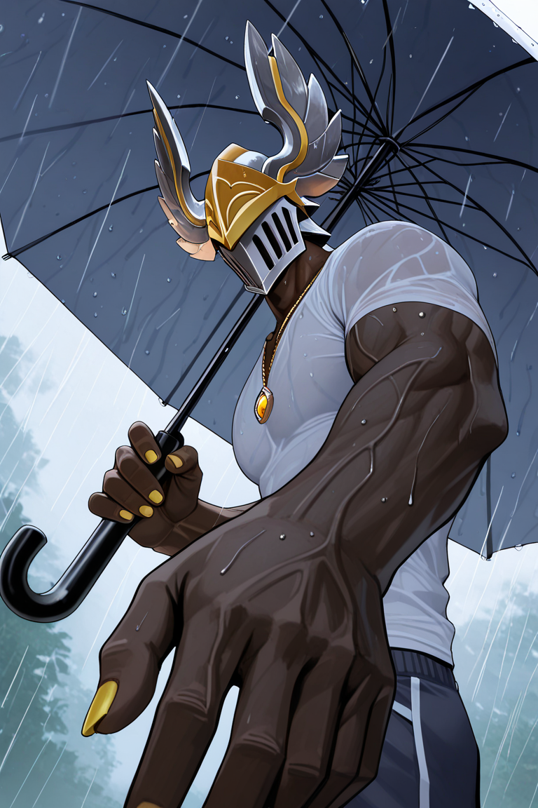 realistic shading, natural lighting, helmetted black-skinned male focus, argusld, grey-yellow_argusld_winged helmet, 1helmetted male, pokemon (creature), covered eyes, holding umbrella, yellow fingernails, arm veins, summer cosplay, shirt, necklace, glowing, shadow, day outdoors raining, foreshortening, dutch angle, dynamic angle, dynamic action, intricately detailed illustration, cinematic, depth of field, atmospheric perspective, masterpiece, best quality, amazing quality, very aesthetic, absurdres, newest