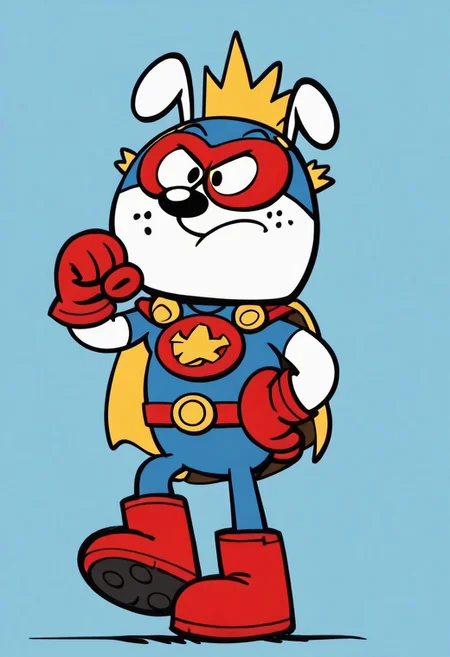 (score_9 | score_8_up | score_7_up) ((masterpiece:1))(best quality,very high quality,ultra detailed:1.2) (2D,cartoon style,anime style)(Smooth:2)(clean blurring) (four fingers on each hand,one thumb on each hand:1), solo, charles, dog, paws, dog paws, black spot on left eye, white, white fue, happy, red blue and yellow super hero costume, blue super hero costume, super hero, red goggles, two side winged headpiece, yellow cape, thick red boots, red glove, 'A' Logo in the middle,