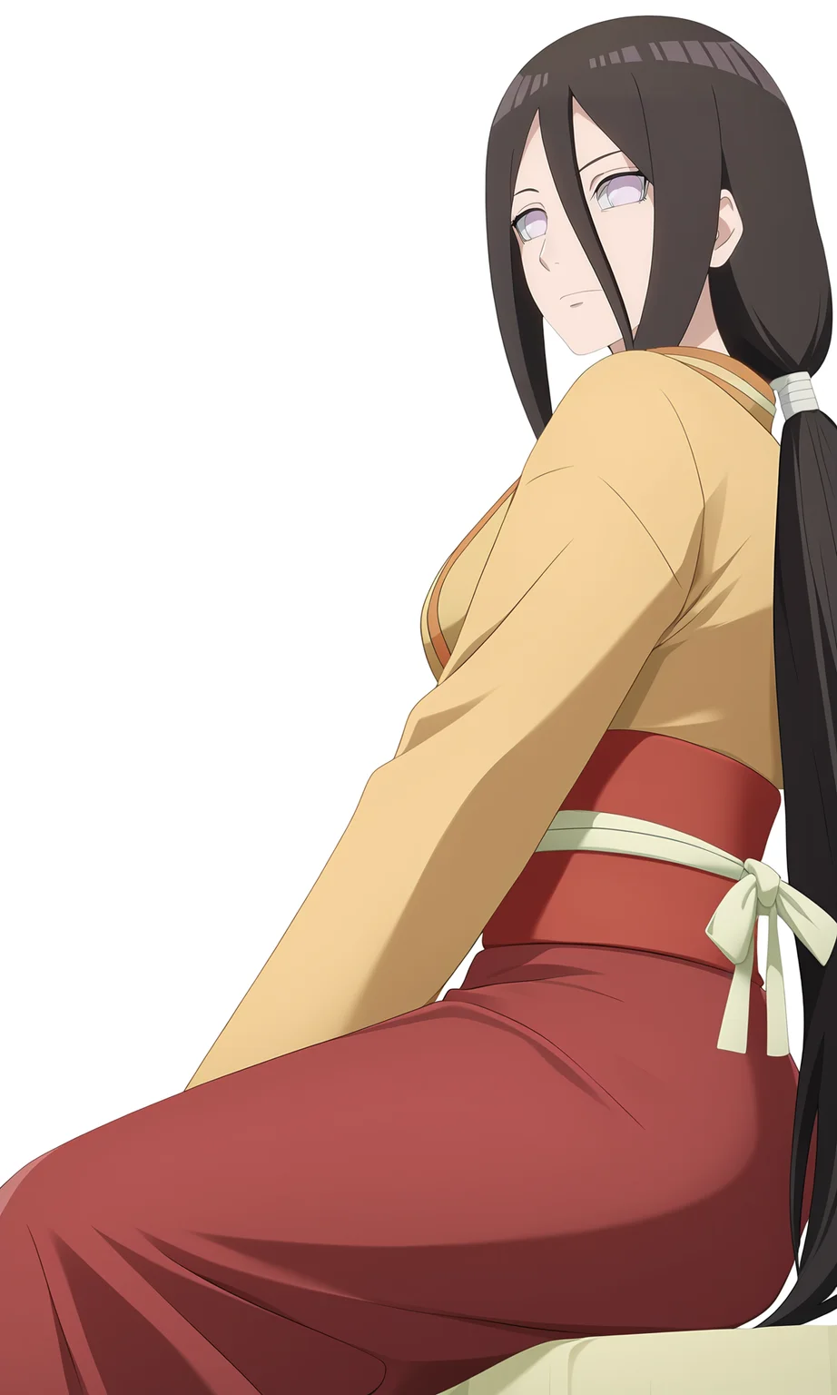 game cg,
hanabihyuuga, 1girl, solo, looking at viewer, no pupils,
low ponytail, long hair,
kimono, ribbon, long skirt, red obi, red skirt, frilled,
from below, sitting, from side,
white background,simple background,
<lora:Naruto_HanabiHyuuga_PXL-000015:1>