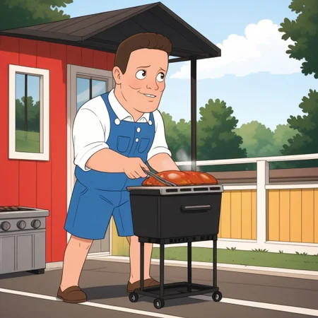hank hill standing at a barbecue grill, outdoors on a sunny day, ((a giant propane molecule floats in the air)),
