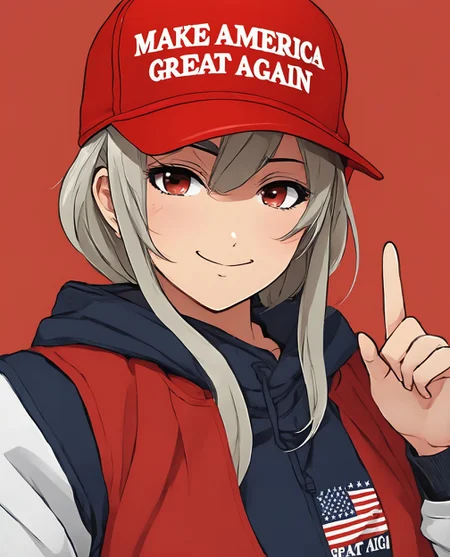 woman wearing red maga hat. upper body. anime cute animals background illustration. comics style. cute anime 1girl. professional. photo. high quality. highres. ([:hat with text "make america great again":0.25]:1.1). <lora:maga_hat_optimized:0.95>