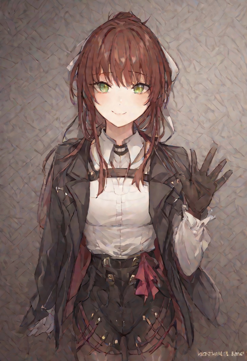 score_9, score_7_up, <lora:kakao_(chocolate_land)-Style-PonyXL-DoRA-000044:1>, ddlcmonika, blunt bangs, brown hair, green eyes, long hair, ponytail, ribbon, white ribbon, hair ribbon, sidelocks, black jacket, gloves, high-waist shorts, jacket, pantyhose, pantyhose under shorts, shirt, shorts, white shirt, bright smile, cute, blush, half body, background, simple background, 1hand, 1hand waving, looking at viewer,