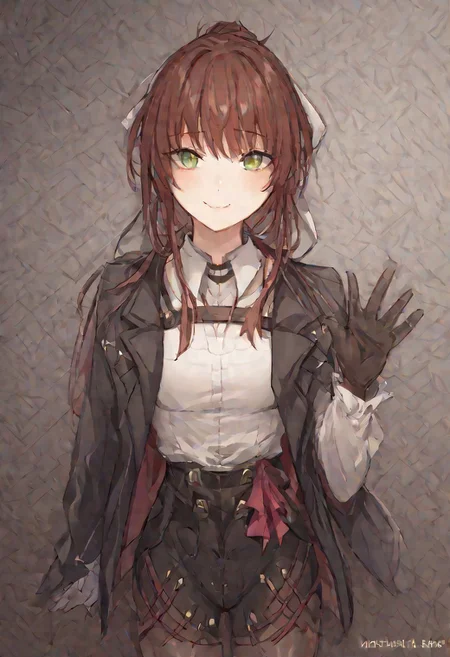 score_9, score_7_up, <lora:kakao_(chocolate_land)-Style-PonyXL-DoRA-000044:1>, ddlcmonika, blunt bangs, brown hair, green eyes, long hair, ponytail, ribbon, white ribbon, hair ribbon, sidelocks, black jacket, gloves, high-waist shorts, jacket, pantyhose, pantyhose under shorts, shirt, shorts, white shirt, bright smile, cute, blush, half body, background, simple background, 1hand, 1hand waving, looking at viewer,