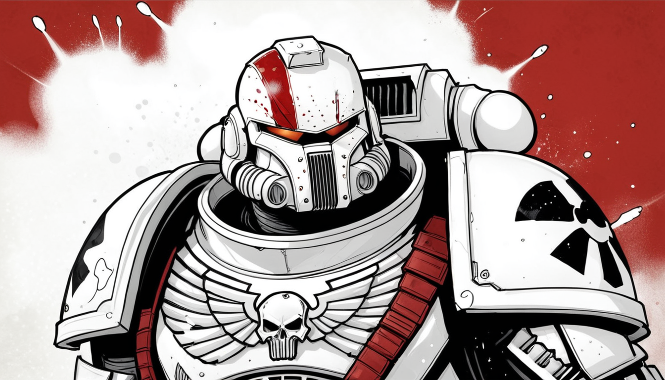 (digital illustration), White Scars Space Marine, White and Red Power Armor, upper body, portrait, dynamic composition, centered, comic book \(style\), bold lines, dramatic shading, red splashes, line art, limited color palette, extremely detailed, warhammer 40k
 <lora:Astartes-000009:1>