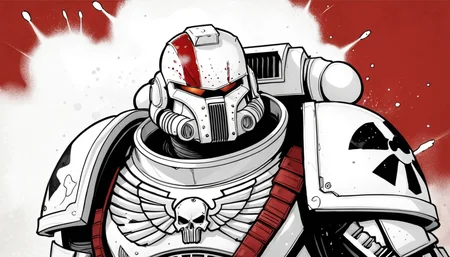 (digital illustration), White Scars Space Marine, White and Red Power Armor, upper body, portrait, dynamic composition, centered, comic book \(style\), bold lines, dramatic shading, red splashes, line art, limited color palette, extremely detailed, warhammer 40k
<lora:Astartes-000009:1>