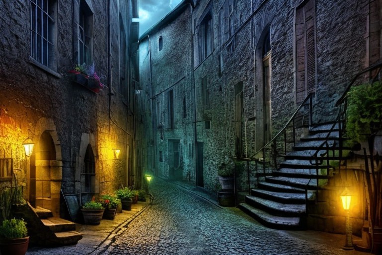 RAW photo, masterpiece, subsurface scattering, heavy shadow, high quality, intricate, high detail, professional photography, HDR, High Dynamic Range, realistic, ultra realistic, photorealistic, high resolution, film photography, ambient lighting, atmospheric effects, <lora:detail_slider_v4>, OverallDetail,   <lora:DarkAlley>, alley, architecture, building, darkalley, lamppost, night, night sky, no humans, outdoors, pavement, potted plant, road, scenery, sky, stairs, street