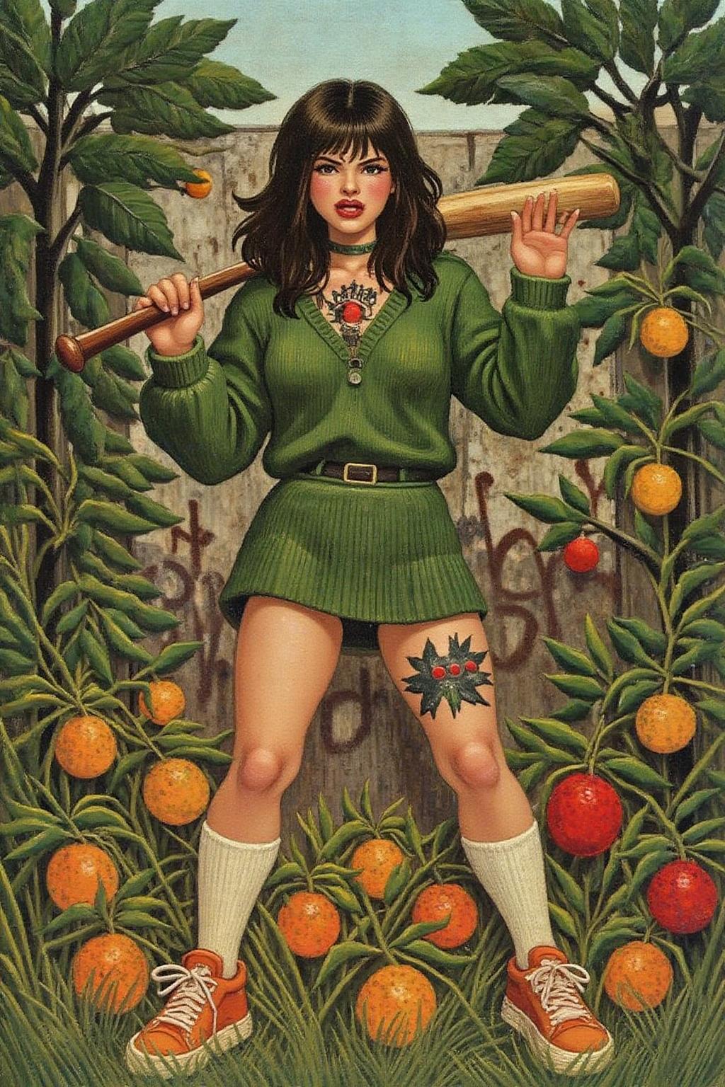 henrou1 painting
liquid splash, cartoonish juicy fruits chaos, dynamic pose, dynamic camera, a fashion shoot, an illustration of a woman threateningly holding a baseball bat in her hands, full body tattoo, wearing green short sweater, miniskirt, knee socks, orange sneakers, aggressive facial expression, wall with graffiti in the background.  <lora:henrou1_jungle_cap_d6a3e14:1.0><lora:817687303003728851:0>