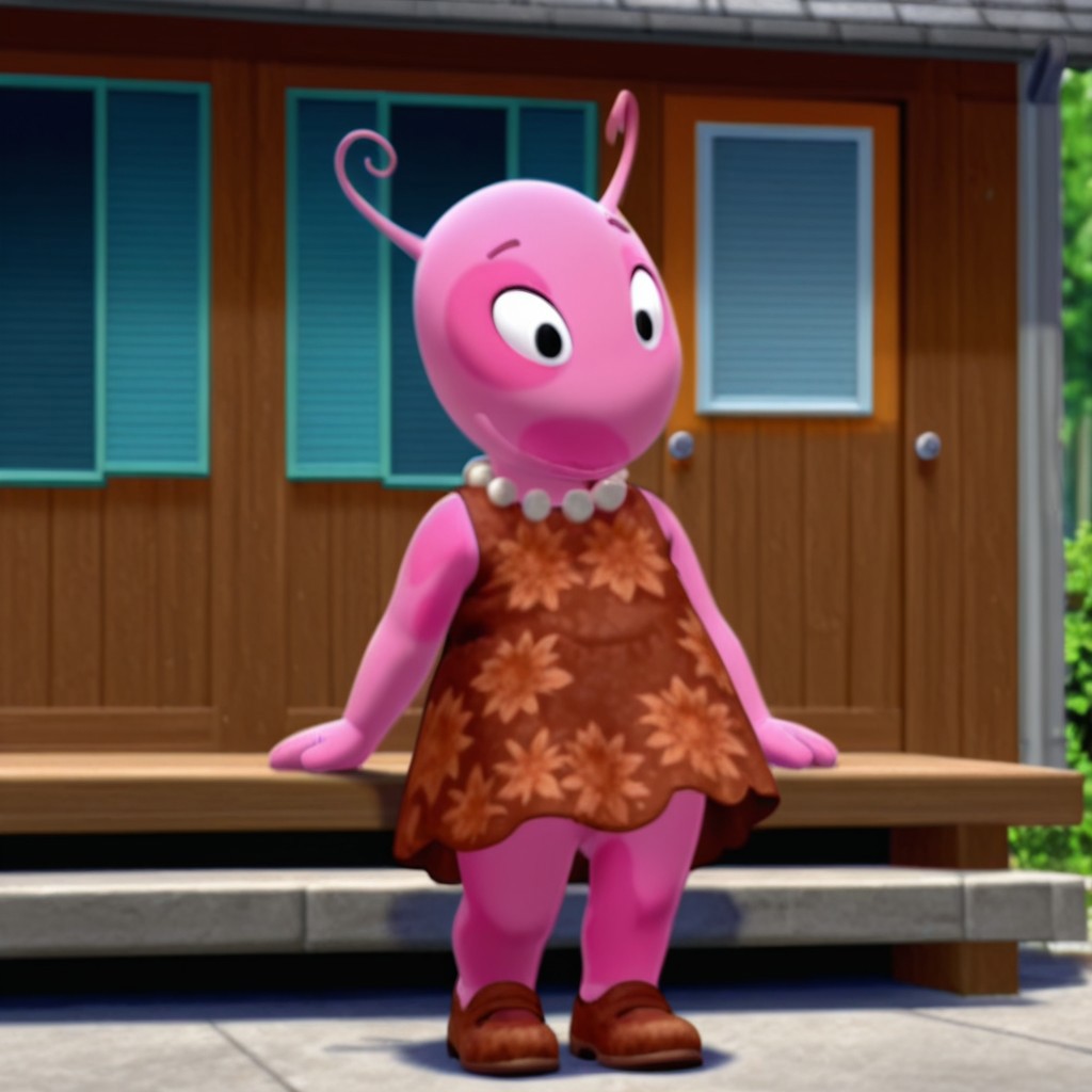 masterpiece, best quality, amazing quality, UniquaBil, anthro, female, pink skin, black eyes, antennae,brown dress, brown shoes, pearl necklace, full body  solo, 1girl, outside,