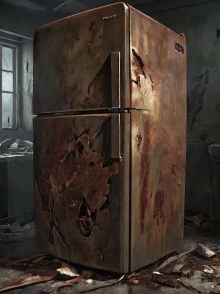 mkitdecy, drawing, of a rusty decayed fridge full of broken fail, kitchen, foul, deep shadows, high quality, high resolution, cinematic, dark, <lora:- SDXL - mkitdecy_let_it_decay_V1.0:.7>