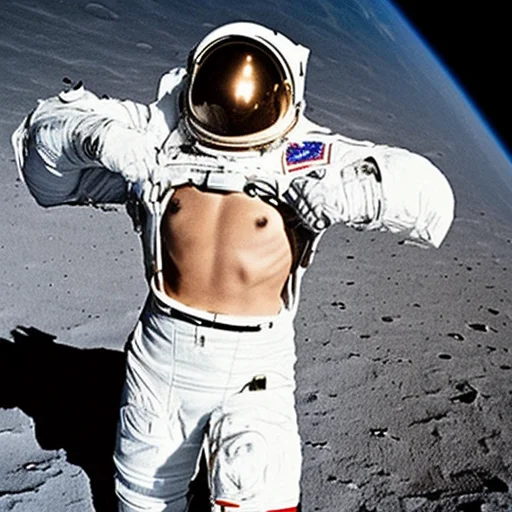 An astronaut takes the first step on the moon, spacesuit, (shirtlift:1.3) <lora:shirtlift:1>