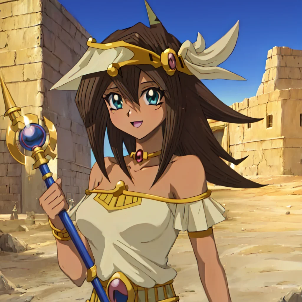 Mana, anime, yu-gi-oh! duel monsters,1girl, best quality, Egyptian, tan skin, green eyes, stone structure, stone building, smile, (standing), magic, looking at viewer, arms at sides, holding magic staff