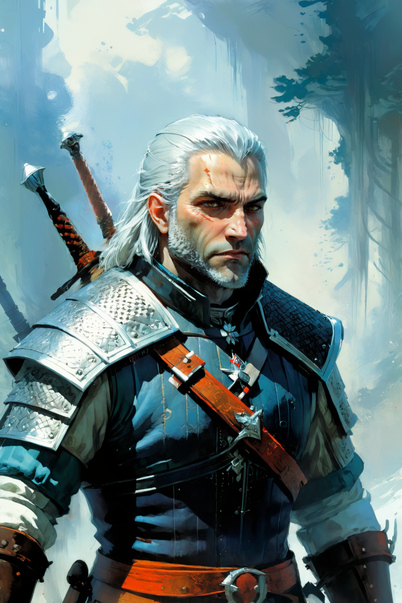 the witcher, by Jason Chan, fullbody, neutralbackground of stylised panels <lora:xl_more_art-full_v1:1> <lora:John Berkey Style:1> John Berkey Style page, (masterpiece:1.2), best quality
