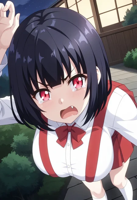 score_9,score_8_up,score_7_up,score_6_up, source_anime, BREAK,
Hiraki Hanako, solo, (huge breasts), pale skin, short hair, black hair, bangs, glowing eyes, red eyes, fangs, school uniform, collared shirt, white shirt, long sleeves, high-waist skirt, suspenders, red skirt, mini skirt, white socks, loafers,
open mouth, angry, frown, (tears:1.2), (tear drops),
looking at viewer, (face shot), (dynamic angle), crows pose, five fingers, leaning forward,
outdoors, (at night:1.3),