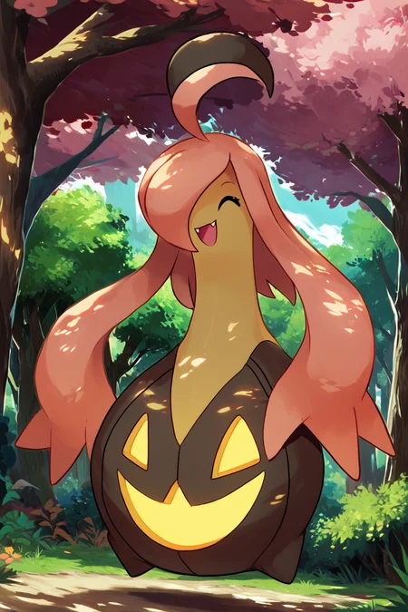 score_9, score_8_up, score_8, no humans, BREAK, , zzGourgeist, solo, pokemon (creature), no humans, ghost, hair over one eye, ahoge, yellow eyes, full body, outdoors, glowing, closed eyes, tree, fang, happy, <lora:Gourgeist_Pokemon_PDXL:0.8>, , BREAK, smile, looking at viewer, cowboy shot, ,,, embedding:zPDXL, <lora:theButcherXPDXL:0.8>,
