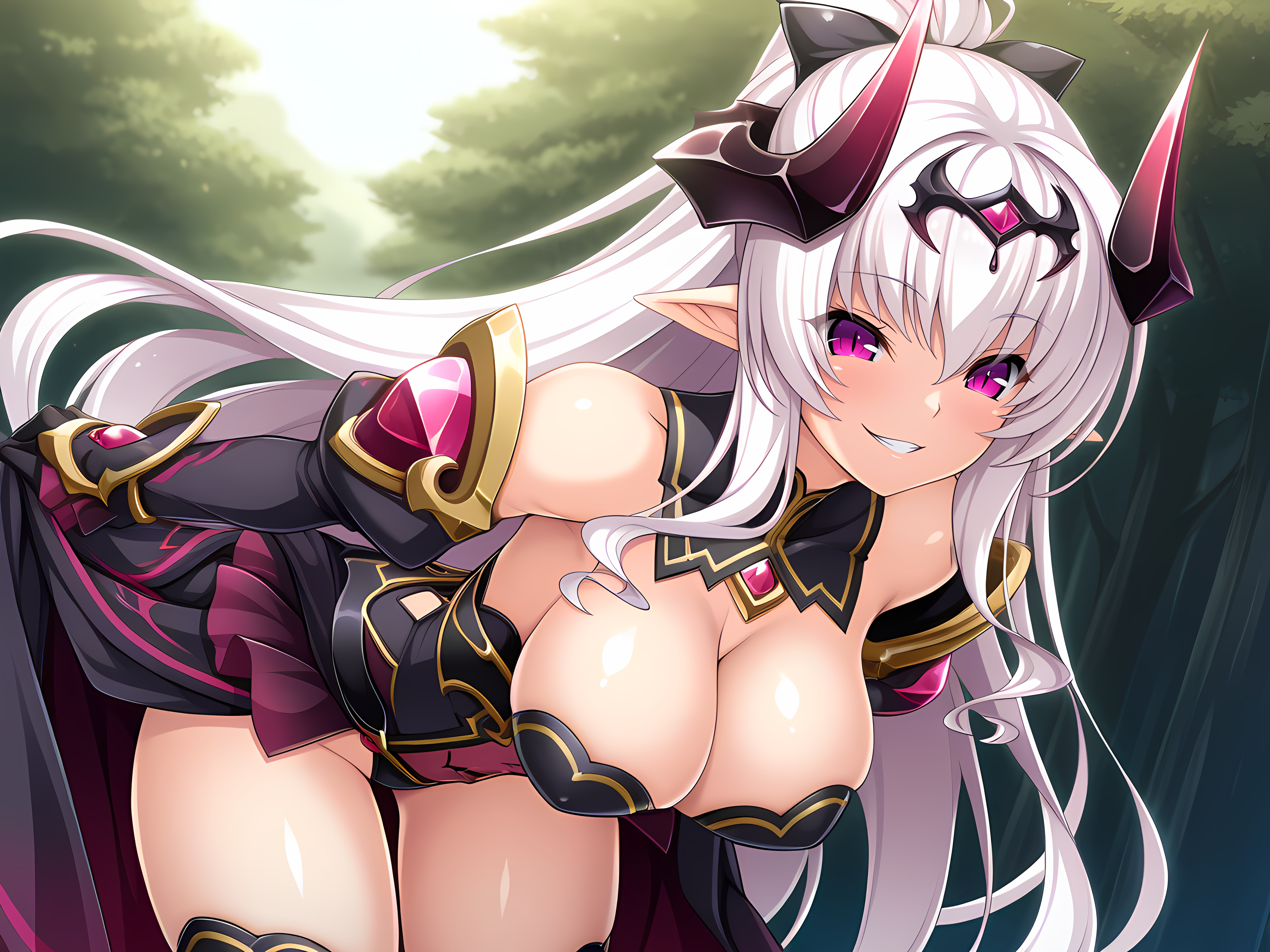 <lora:Ries_-_Illustrious:0.7>,demon chevalier,lusterise,cowboy shot,long hair,large breasts,grin,outdoors,standing,leaning forward,cleavage,horns,, masterpiece,best quality,amazing quality,