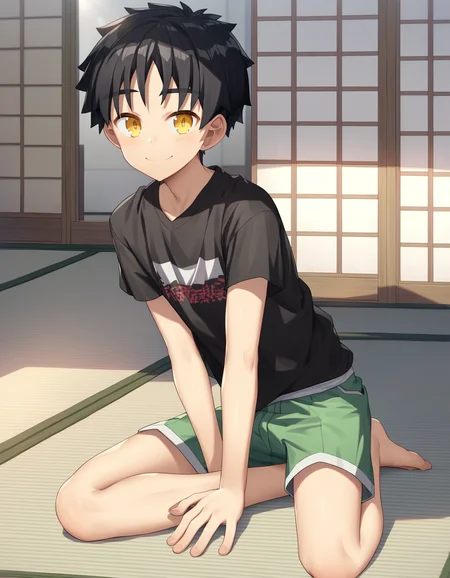 score_9, score_8_up, score_7_up, score_6_up, source_anime, indoors, tatami, sunlight, 1boy, yellow eyes, black hair, solo, looking at viewer, smile, t-shirt, green shorts, sitting on floor, arm support, arm between legs <lora:rukiruki_AMXL_v1e-ShoAI:1>