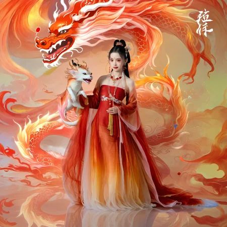 longnianhao,long3, 1girl, long hair, black hair, dress, chinese clothes, dragon, jewelry, fox, hair ornament, eastern dragon, facial mark, holding, red dress, fire, forehead mark, animal, hair bun, holding animal, standing, necklace, single hair bun, reflection, earrings, full body, solo, see-through, barefoot, long sleeves, reflective floor<lora:longnianhaosdxl-000010:0.8>