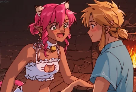 score_9, score_8_up, score_7_up, score_6_up, 1990s_(Style), Anime_Coloring, masterpiece, source_anime screenshot, duo, 1 girl, 1 boy, vivid colors, anime style, cartoon anime, source_anime, high-res, beautiful aesthetic, very intricate, high-quality details, vibrant, highly detailed, award-winning, professional, sleek and shiny, <lora:pink-ponyxl-v2:1>, : 3 smile, single fang showing, tiger stripe cat lingerie, cat cutout, tiger stripe cat panties, tiger stripe cat paw gloves, blush, sexy pose,  white cat ears, cat bell necklace, bright pink hair, tanned, white tiger tail, small breasts, detailed eyes, green eyes, detailed face, BREAK score_9, score_8_up, score_7_up, score_6_up, Masterpiece, source_anime, anime style, 1 girl, 1 boy, vivid colors, high-res, beautiful aesthetic, very intricate, high-quality details, vibrant, highly detailed, award-winning, professional, <lora:link:1> link1, link, pointy ears, blonde hair, blue eyes, medium hair, side locks, earrings, short ponytail, blue hylian tunic, looking excited
Break
Inside a cozy cabin, in front of a fireplace, well lit, pink standing and showing off her cat lingerie to link in front of fireplace, sexy posing, exclamation mark over link's head