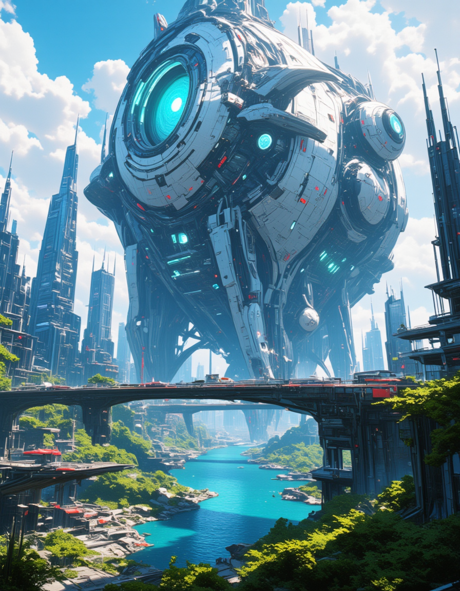 <lora:SW_Minis_7fluxc:1> futuristic science fiction huge mega structure building, epic scale, blue river, bridge, cyberpunk cityscape, vegetation,