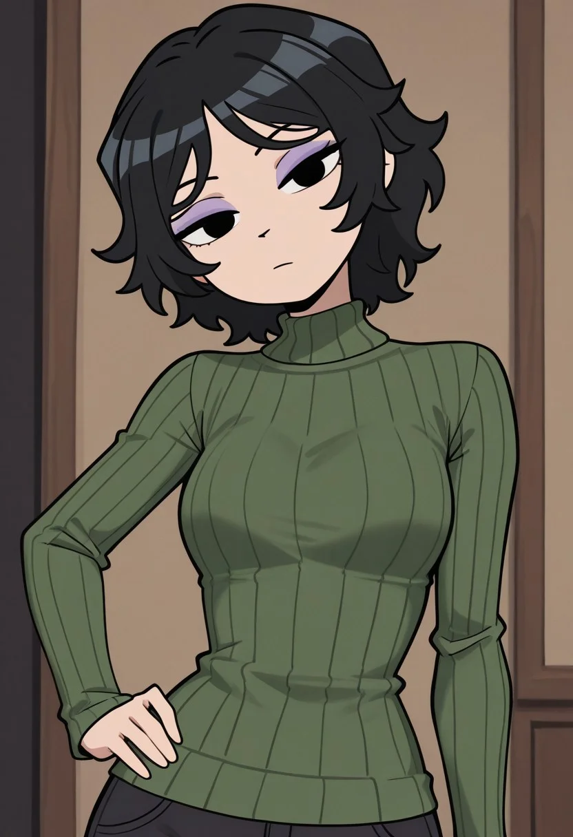 hollieh, 1girl, solo, hand on hip, looking at viewer, black eyes, head tilt, black hair, short hair, purple eyeshadow, green turtleneck sweater