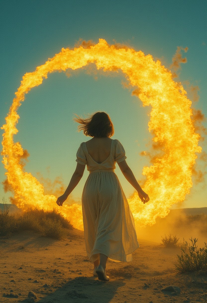 woman roaming tiny trip mellow, analog, candid, Circle dream art by Ben Templesmith, blue yellow ultra masterpiece k cinematic_1940s cinematic_octane