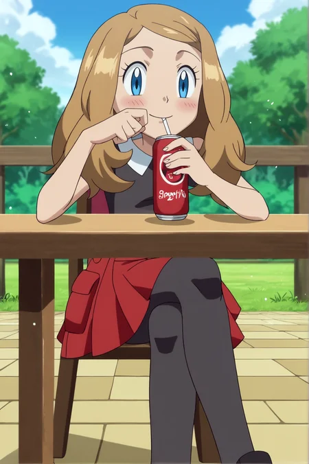 score_9, score_8_up, score_7_up,anime_source, source_anime, best background, detailed background, anime screencap, Serena, Main Outfit, indoors, blush, happy, dynamic angle, dynamic pose, drinking, outdoors, soft particles, sitting, crossed legs, table, soda, can, <lora:JN_Serena:0.8>