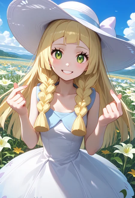 score_9, score_8_up, score_7_up, highest quality, extremely detailed, 4k, 8k, amazing quality, masterpiece, BREAK,
Expressiveh, BREAK,
zzlillie, long hair, braid, sun hat, white headwear, collarbone, sleeveless dress, white dress,
(1girl),
expressive eyes, perfect face, looking at viewer, beautiful detailed eyes, blushed, cute face, tilt head, 1girl, solo, cowboy shot, dynamic pose, dynamic angle, small breasts, cute smile, blushed, double finger heart
BREAK,
outdoors, grassland, meadow, flower bed, lillies