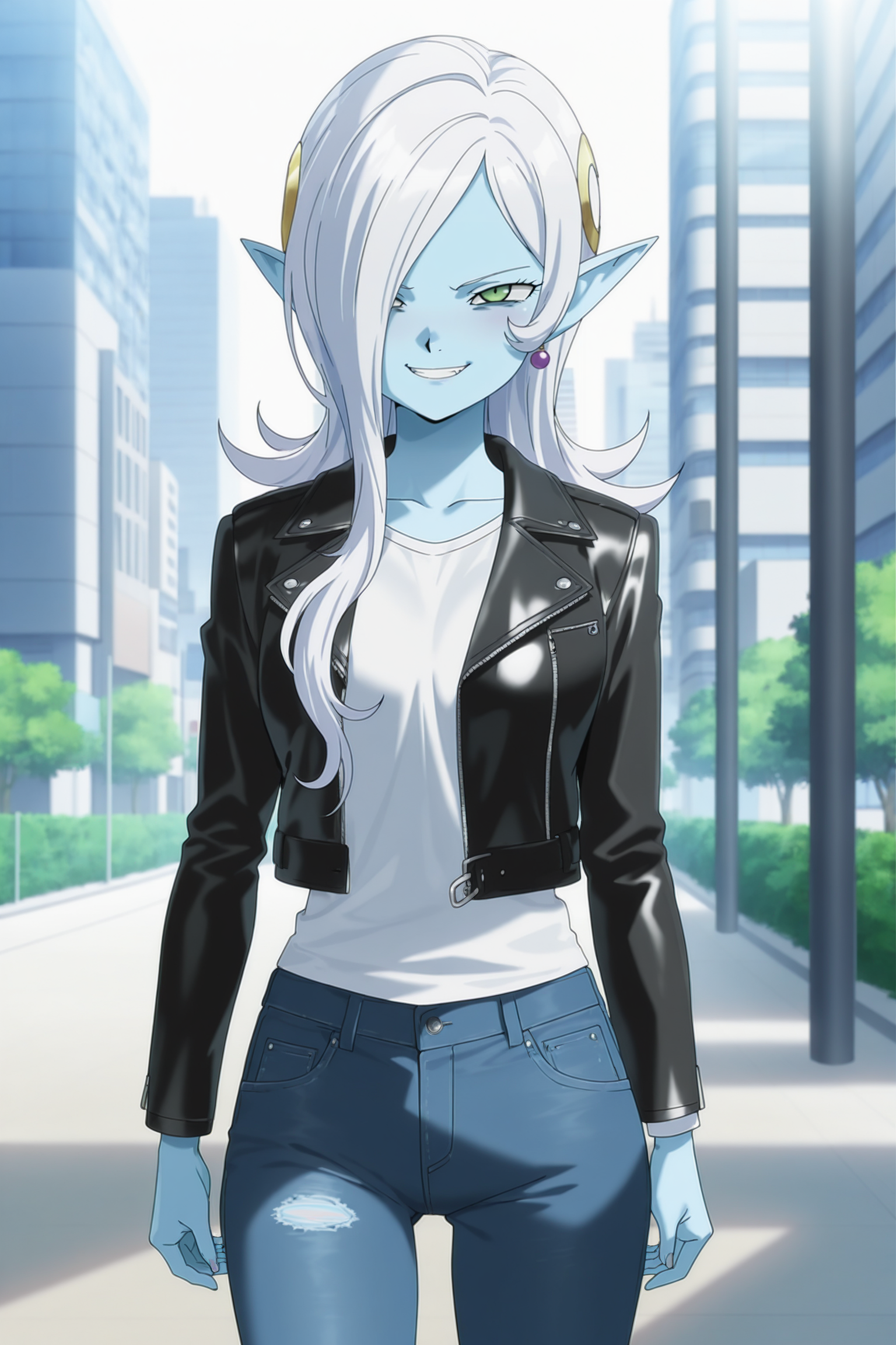 anime screencap, masterpiece, best quality, amazing quality, very aesthetic, absurdres,  newest, (scenery, volumetric lighting),
official style, towa, hair ornament, long hair, white hair, hair over one eye, blue skin, colored skin, pointy ears, black leather jacket, white shirt, jeans, cowboy shot, city, dappled sunlight, evil smile, teeth,
 <lora:Towa_IL:0.8>