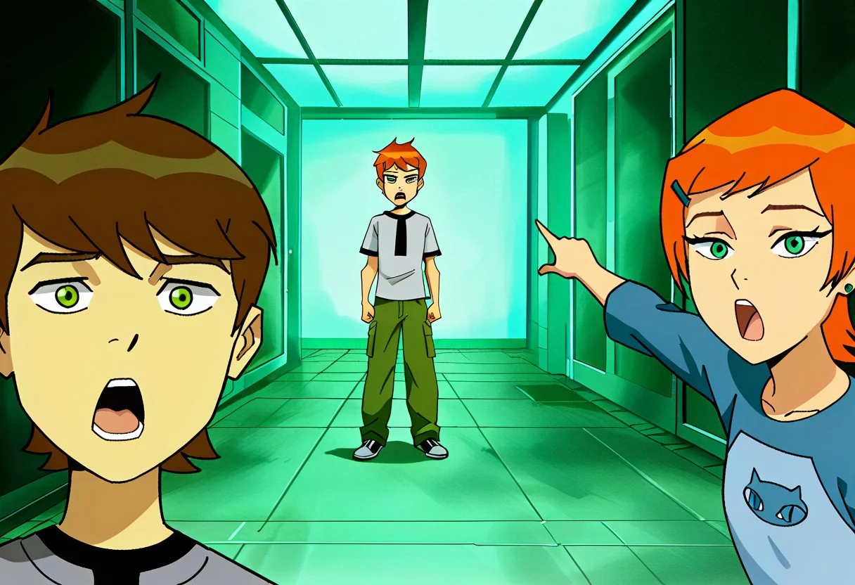 masterpiece, best quality, ben_w_gwen, (1boy, ben_t, brown hair, green eyes), break, (1girl, gwen_t, orange hair, green eyes), two_soyjaks_pointing_(meme), looking at viewer, open mouth, pointing, standing