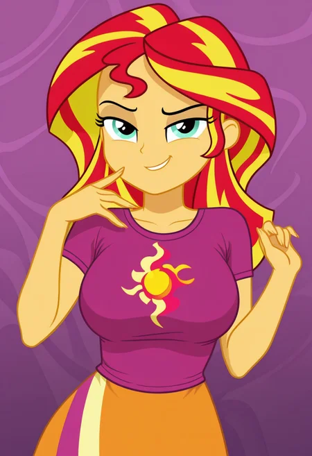 masterpiece, best quality, amazing quality, 1girl, solo, official style, equestria girls, sunset shimmer, colored skin, yellow skin, long hair, yellow hair, red hair, multicolored hair, aqua eyes, eq outfit, purple top, eq skirt, sexy, large breasts, beautiful, detailed, high detailed, very beautiful, detailed face, detailed eyes, detailed hand, fingernails, long nails, abstract background, smile, smirk, looking at viewer, face focus