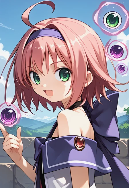 <lora:dlsakura_Pv11:1>, tvsakr, 1girl, green eyes, short hair, high quality, upper body, hairband, flat chest, bare shoulders, large eyes, open mouth, ahoge, off shoulder, grin, looking at viewer, sky, purple bow, magic,