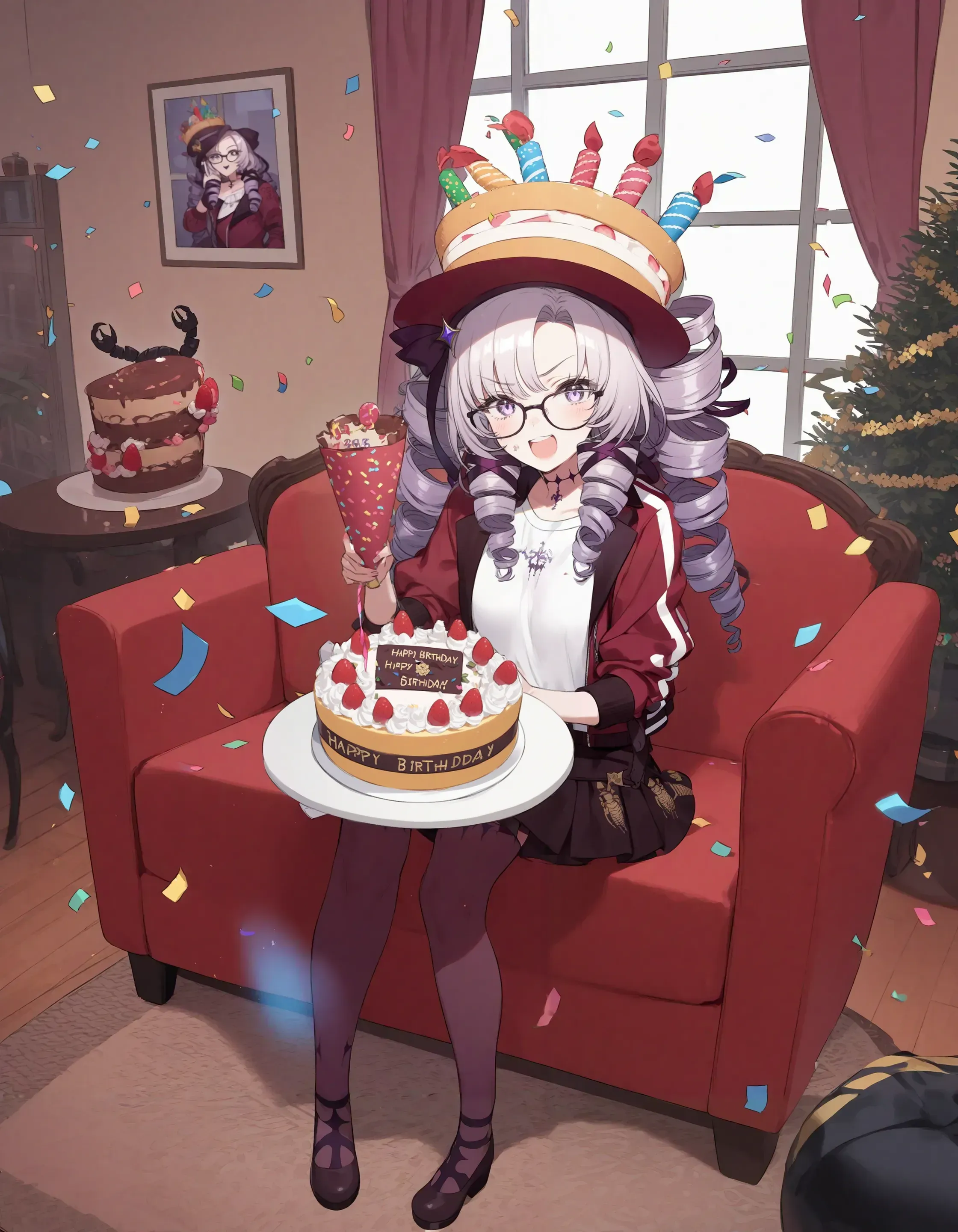 1girl, hyakumantenbara salome \(2nd costume\), cake hat,
open jacket, red track jacket, white shirt, print shirt, glasses, holding cake, birthday cake, happy birthday, confetti, party popper, full body, scorpion tattoo,
living room, furniture, sofa, table, window, garland \(decoration\), drill hair, twin drills,
best quality, masterpiece,
<lora:artist_kuroboshi-xl:1>