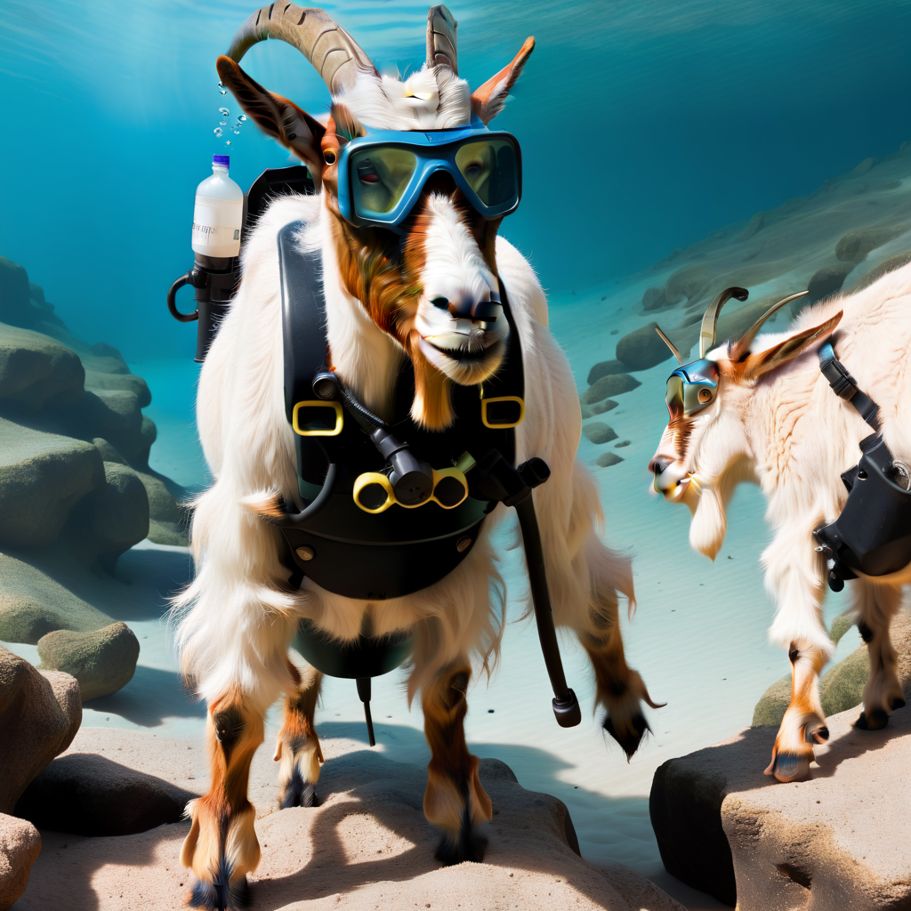 goats01 under water in scuba gear and mask, cinematic,  Medium long shot, digital painting,  <lora:goats01-xl:1>